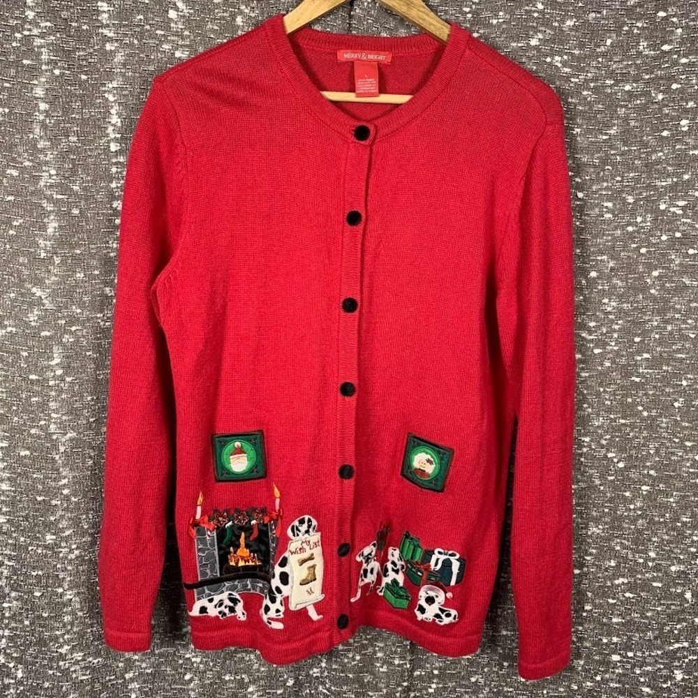 Merry‎ & Bright Sweater Womens Large Christmas Tree Embroidered Cardigan Dog Mom